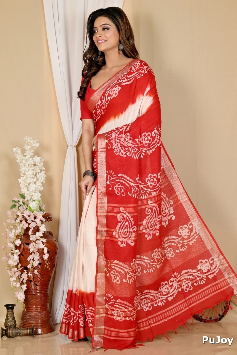 White Red Pure Cotton Batika Batik Print Saree (1660)