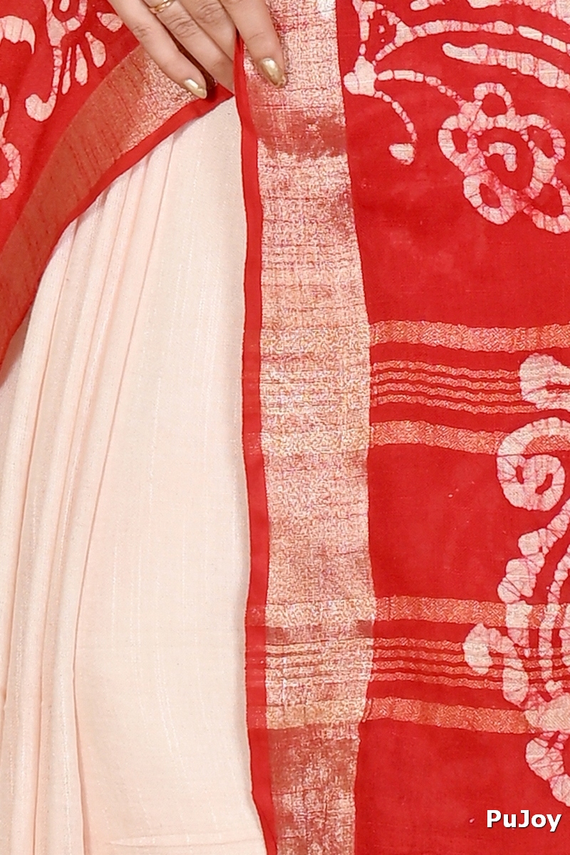 White Red Pure Cotton Batika Batik Print Saree (1660)
