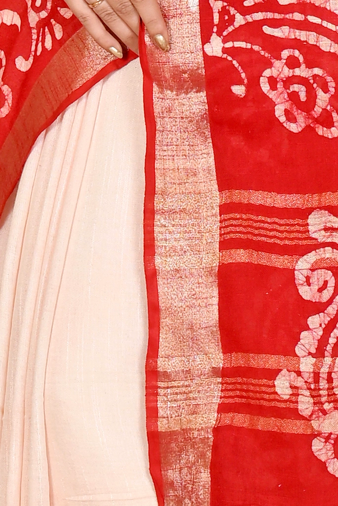 White Red Pure Cotton Batika Batik Print Saree (1660)