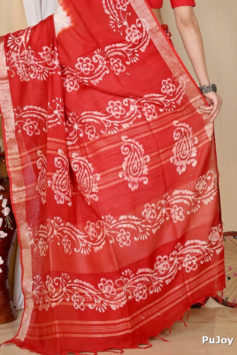 White Red Pure Cotton Batika Batik Print Saree (1660)