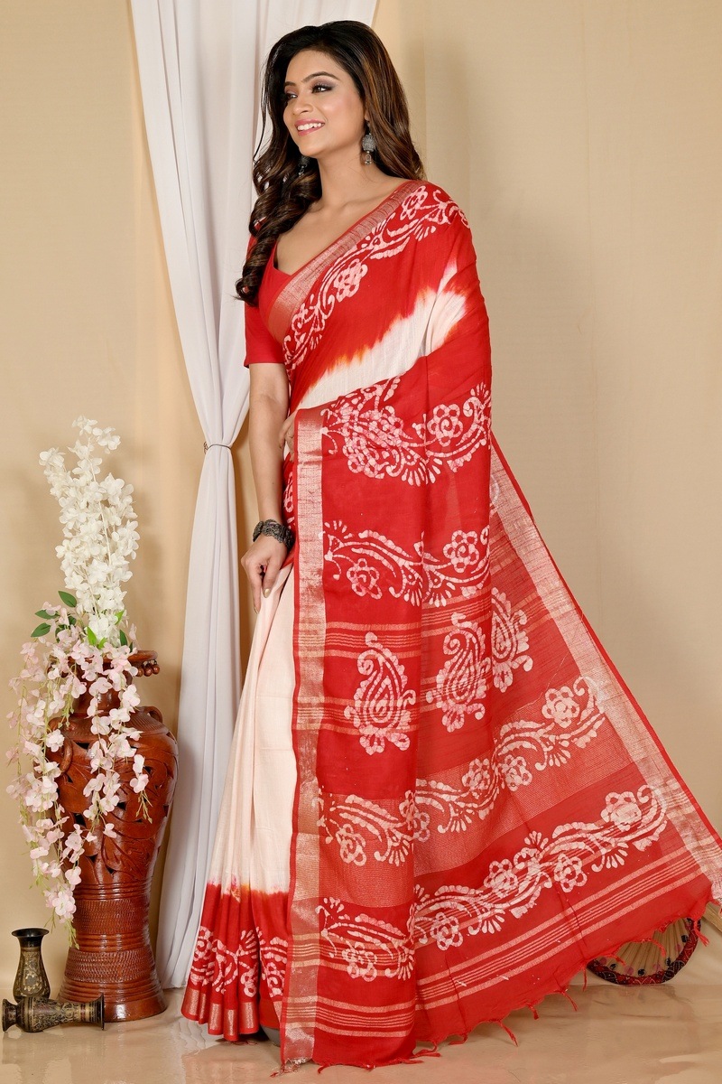White Red Pure Cotton Batika Batik Print Saree (1660)