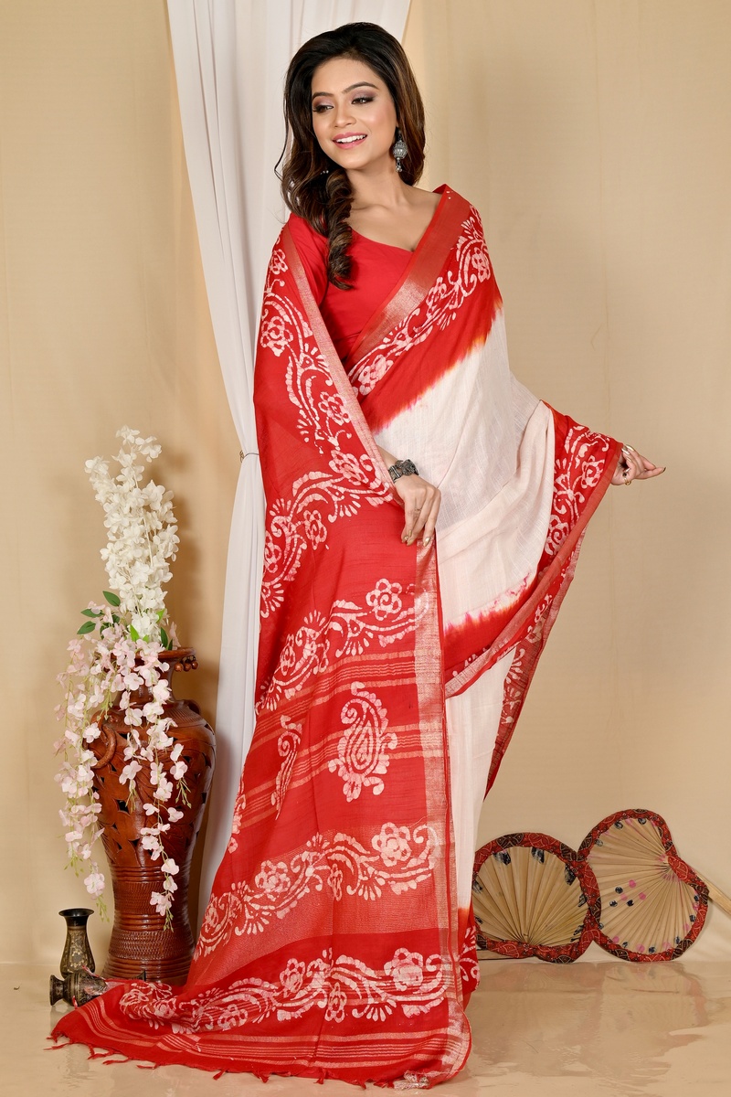 White Red Pure Cotton Batika Batik Print Saree (1660)