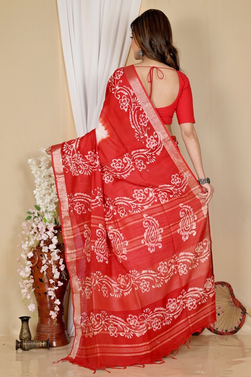 White Red Pure Cotton Batika Batik Print Saree (1660)