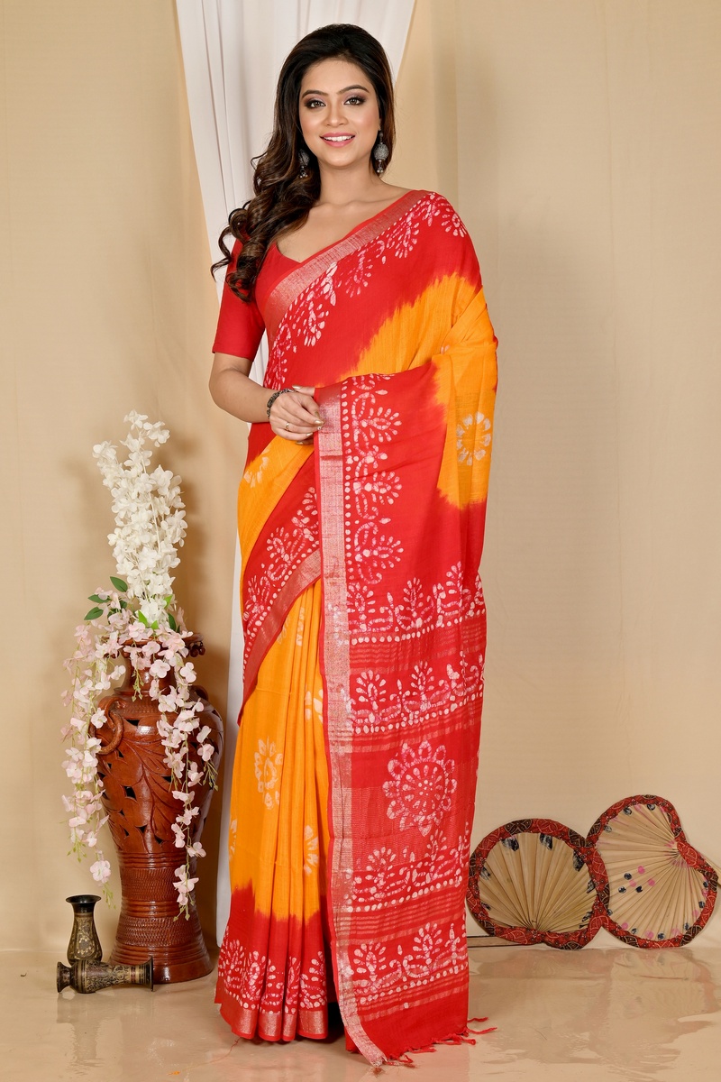 Yellow Red Pure Cotton Batika Batik Print Saree (1661)