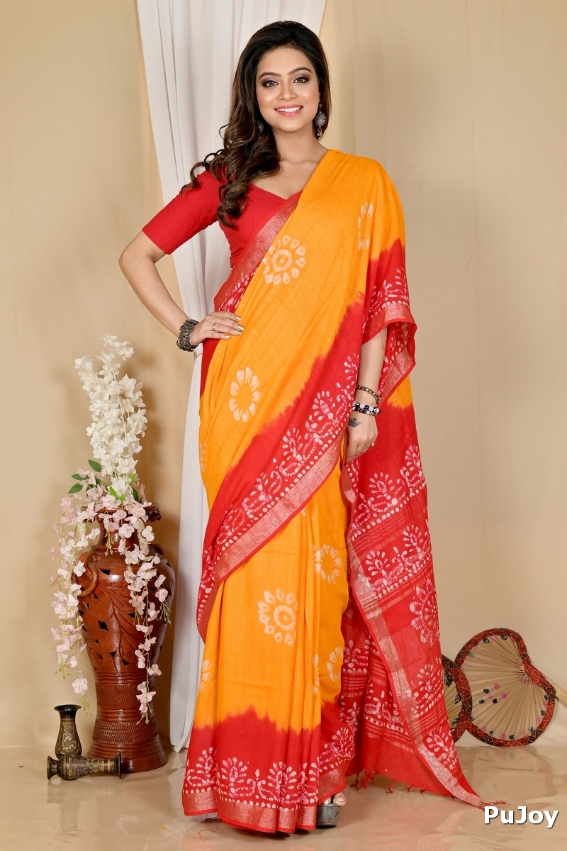 Yellow Red Pure Cotton Batika Batik Print Saree (1661)
