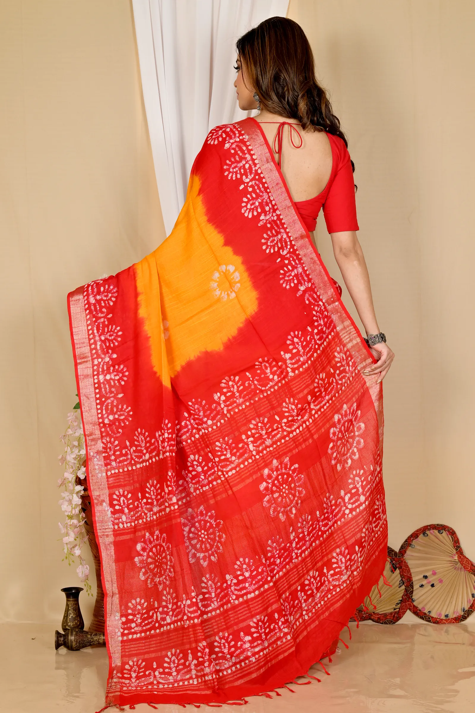 Yellow Red Pure Cotton Batika Batik Print Saree (1661)