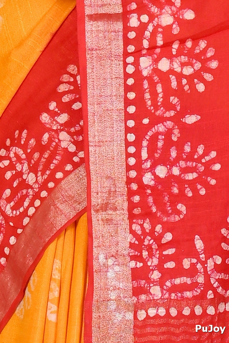 Yellow Red Pure Cotton Batika Batik Print Saree (1661)