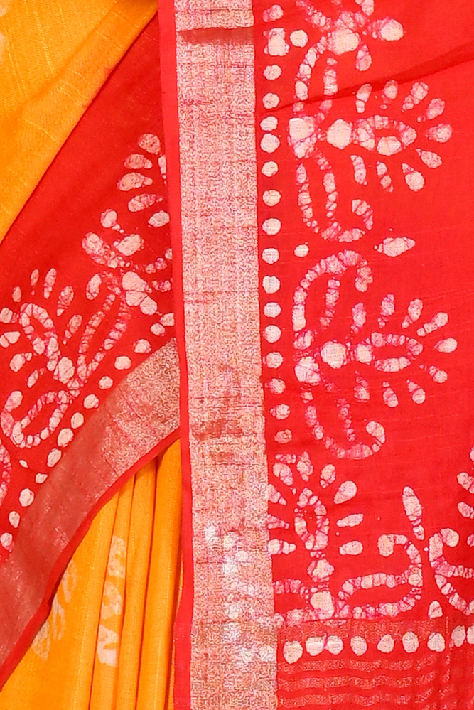 Yellow Red Pure Cotton Batika Batik Print Saree (1661)
