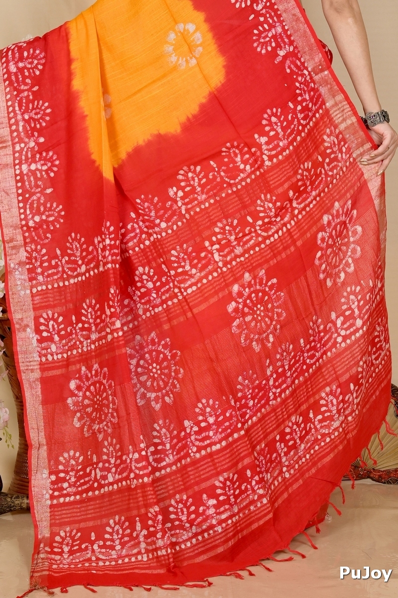 Yellow Red Pure Cotton Batika Batik Print Saree (1661)