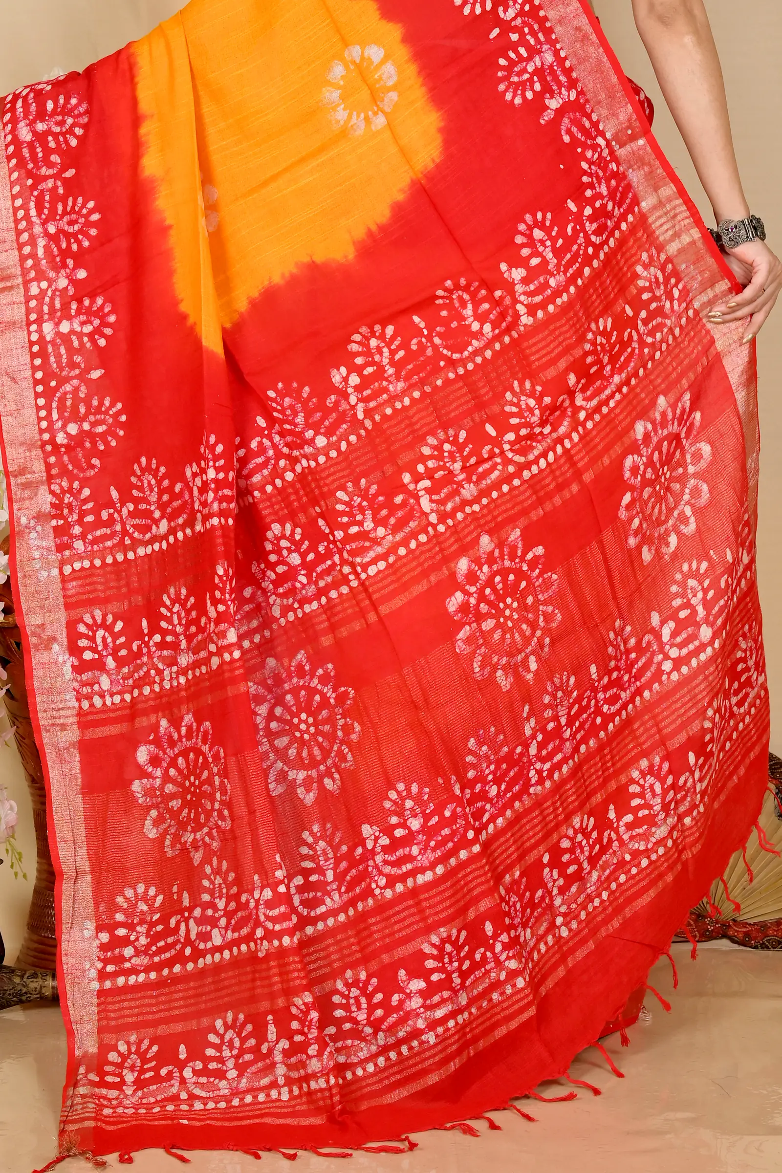 Yellow Red Pure Cotton Batika Batik Print Saree (1661)