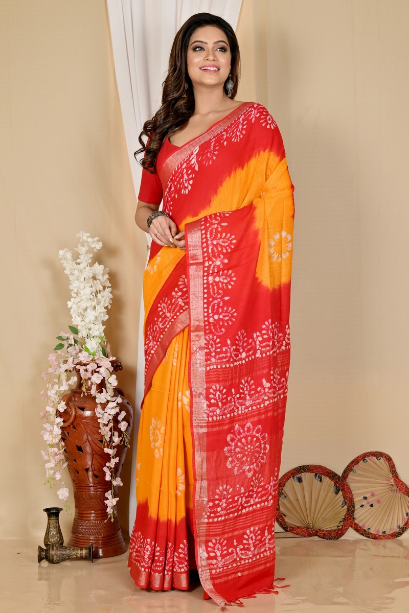 Yellow Red Pure Cotton Batika Batik Print Saree (1661)