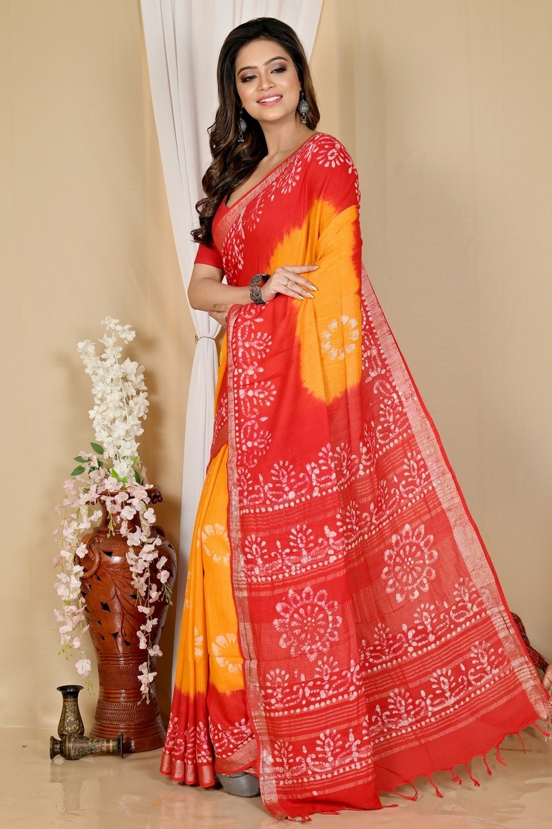 Yellow Red Pure Cotton Batika Batik Print Saree (1661)