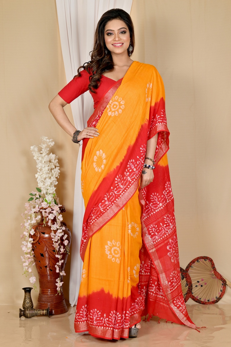 Yellow Red Pure Cotton Batika Batik Print Saree (1661)