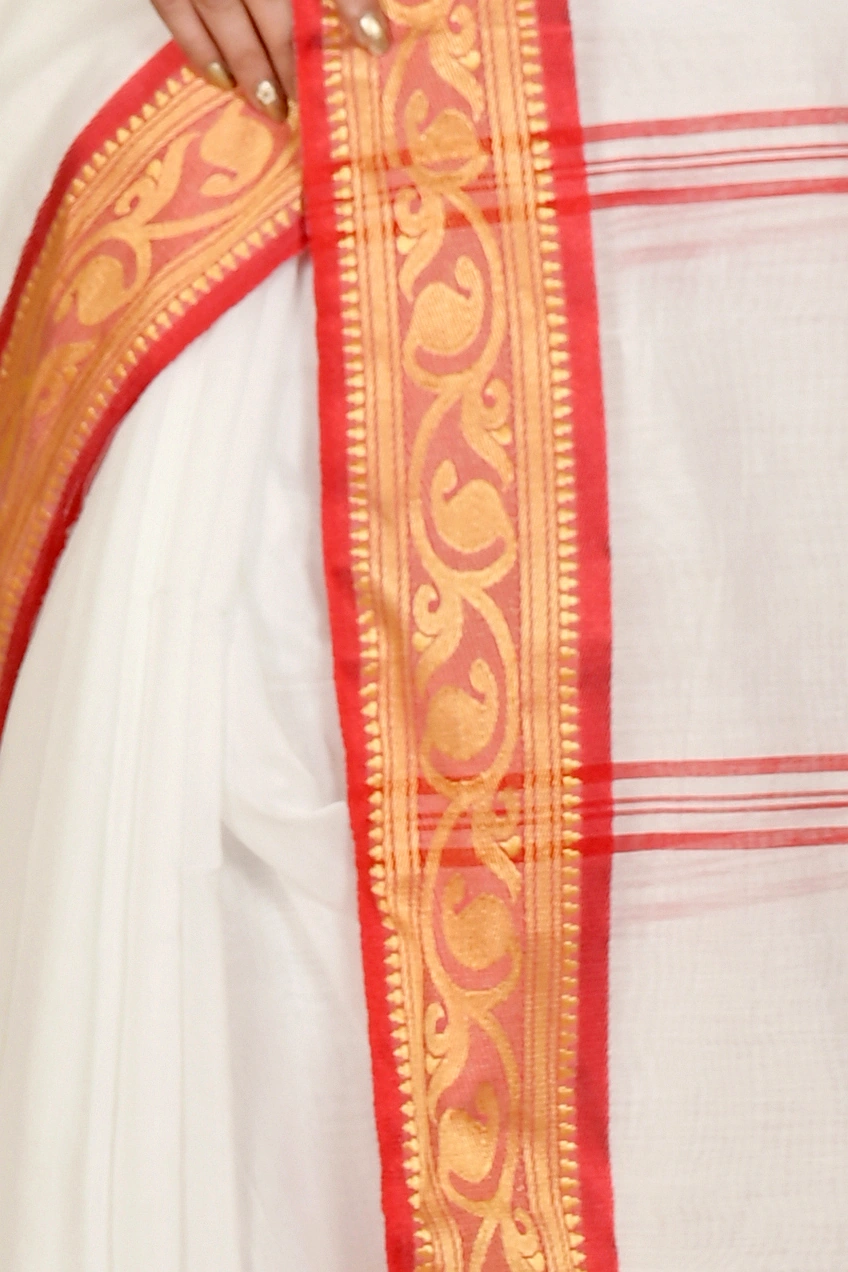 White Red Pure Cotton Nova Hand Loom Saree (1662)