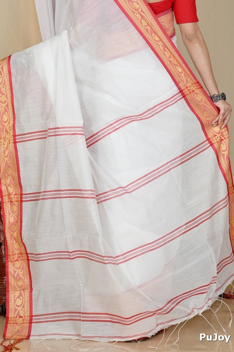 White Red Pure Cotton Nova Hand Loom Saree (1662)