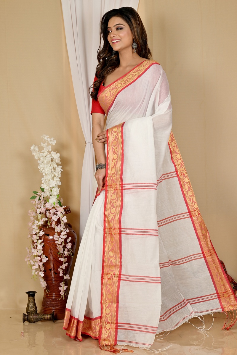 White Red Pure Cotton Nova Hand Loom Saree (1662)