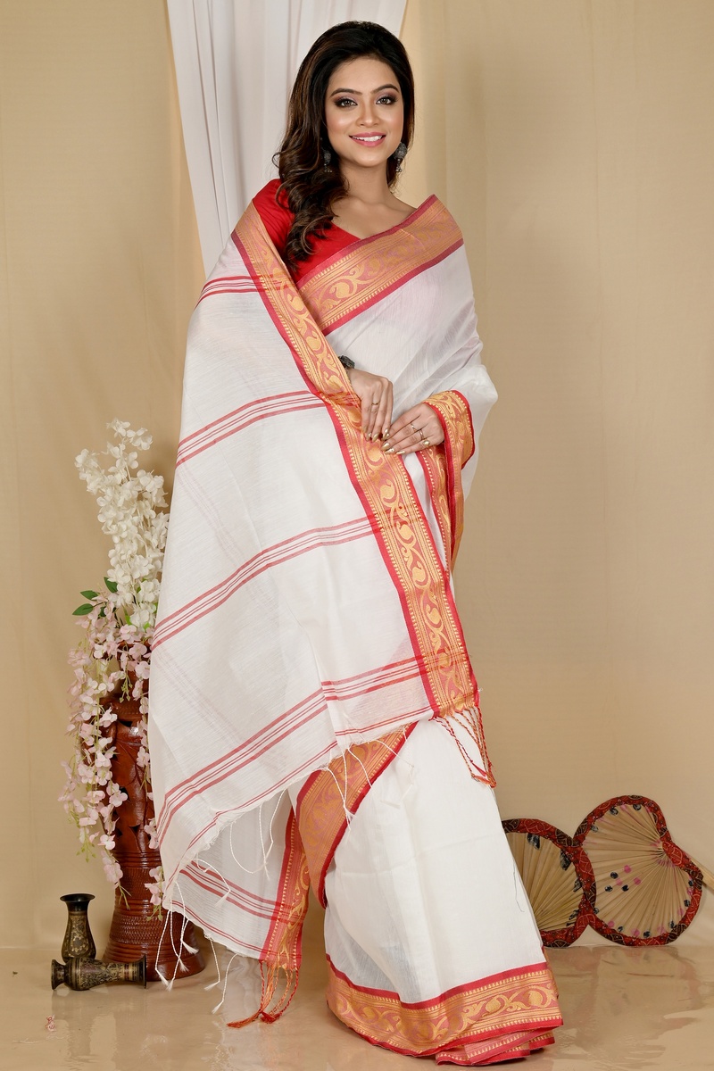 White Red Pure Cotton Nova Hand Loom Saree (1662)