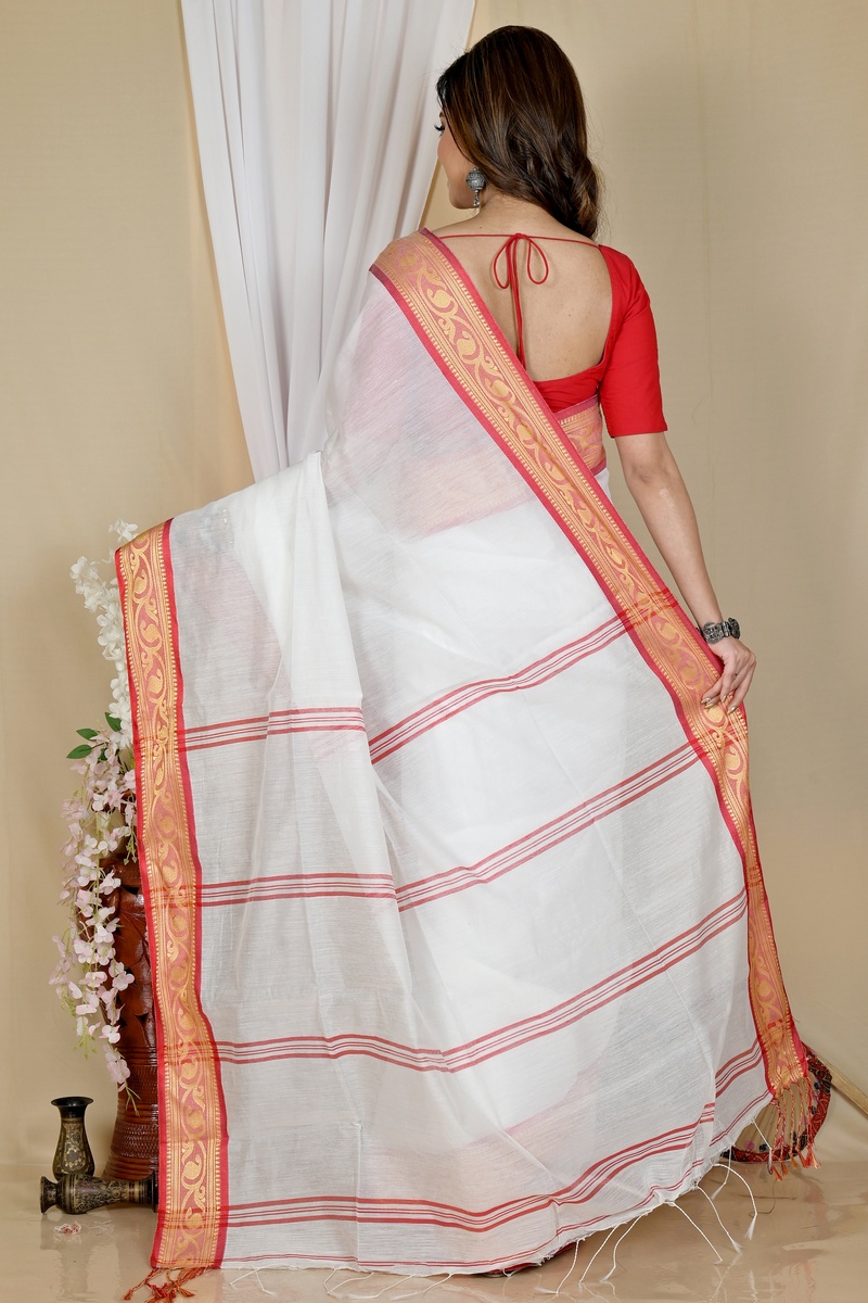 White Red Pure Cotton Nova Hand Loom Saree (1662)