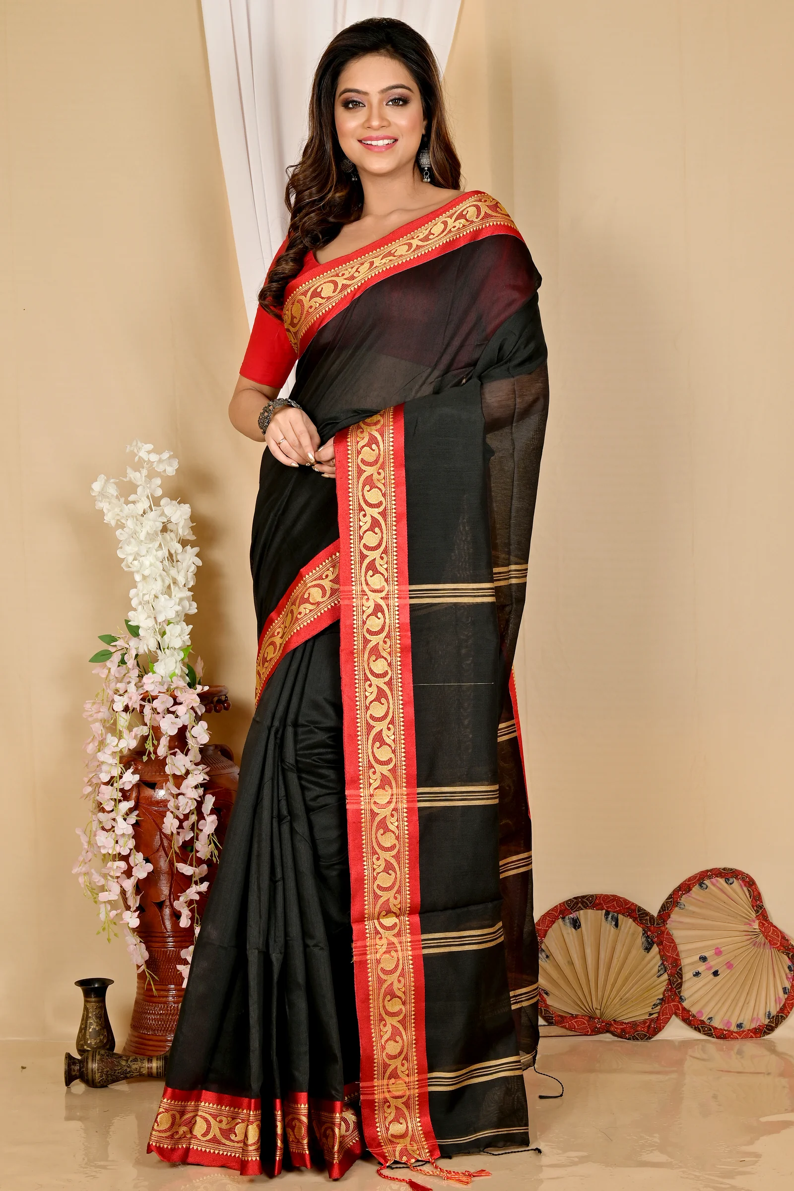 Dark Green Pure Cotton Nova Hand Loom Saree (1663)