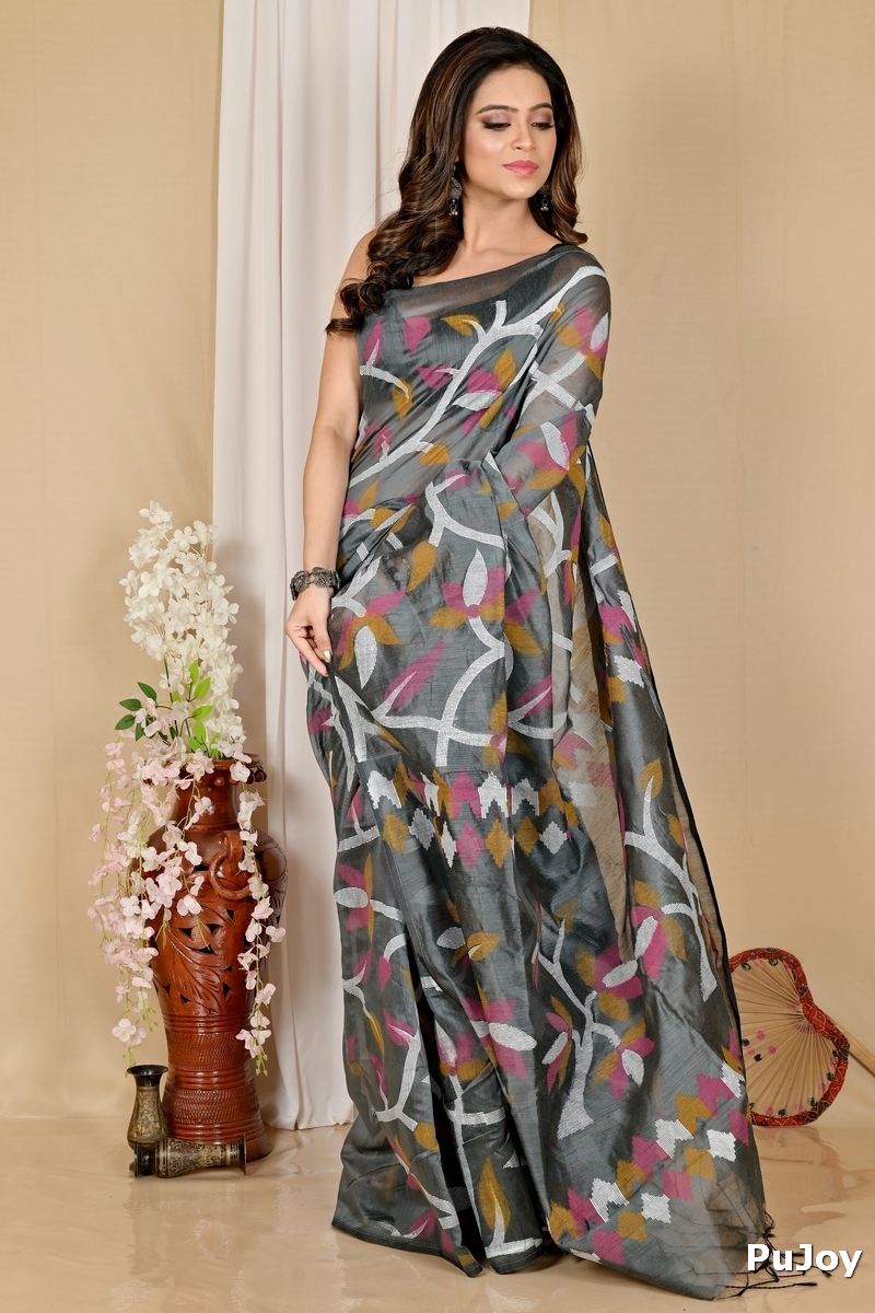 Grey Cotton Naren Hand Loom Saree (1668)