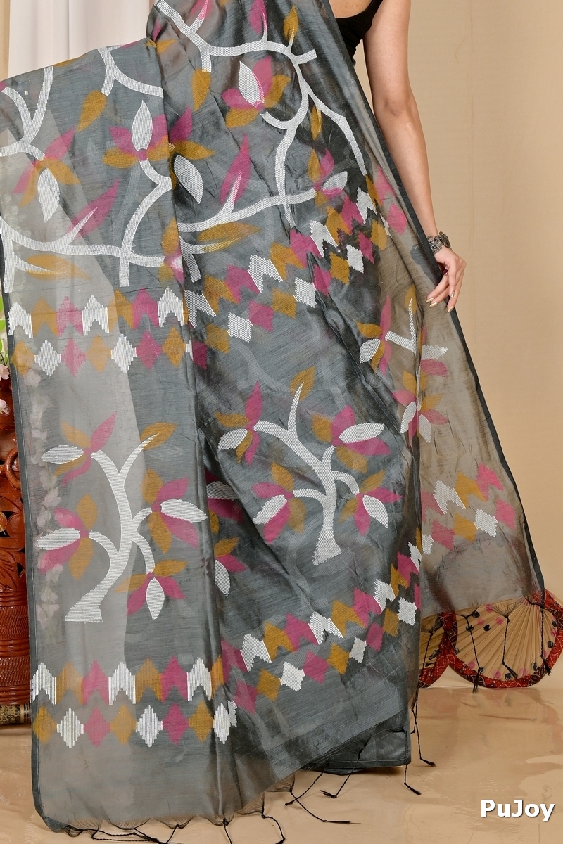 Grey Cotton Naren Hand Loom Saree (1668)