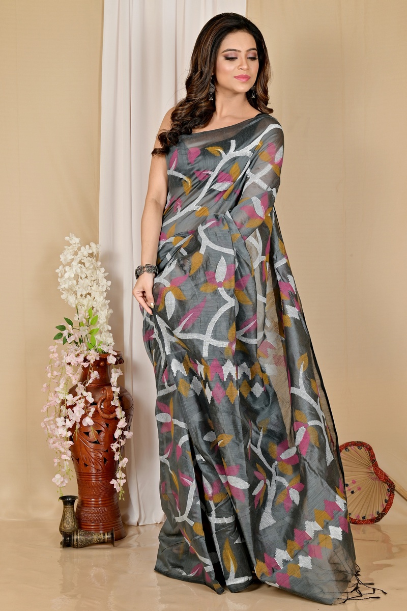 Grey Cotton Naren Hand Loom Saree (1668)