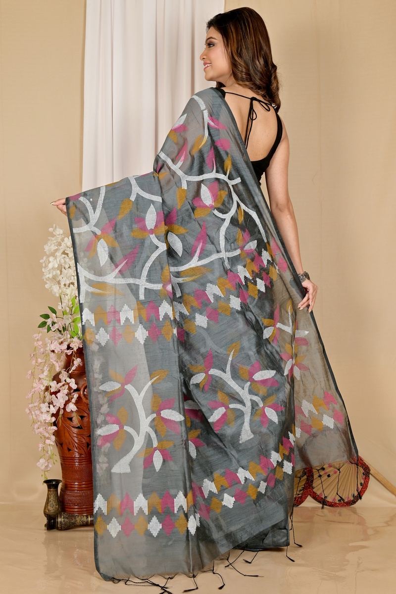 Grey Cotton Naren Hand Loom Saree (1668)