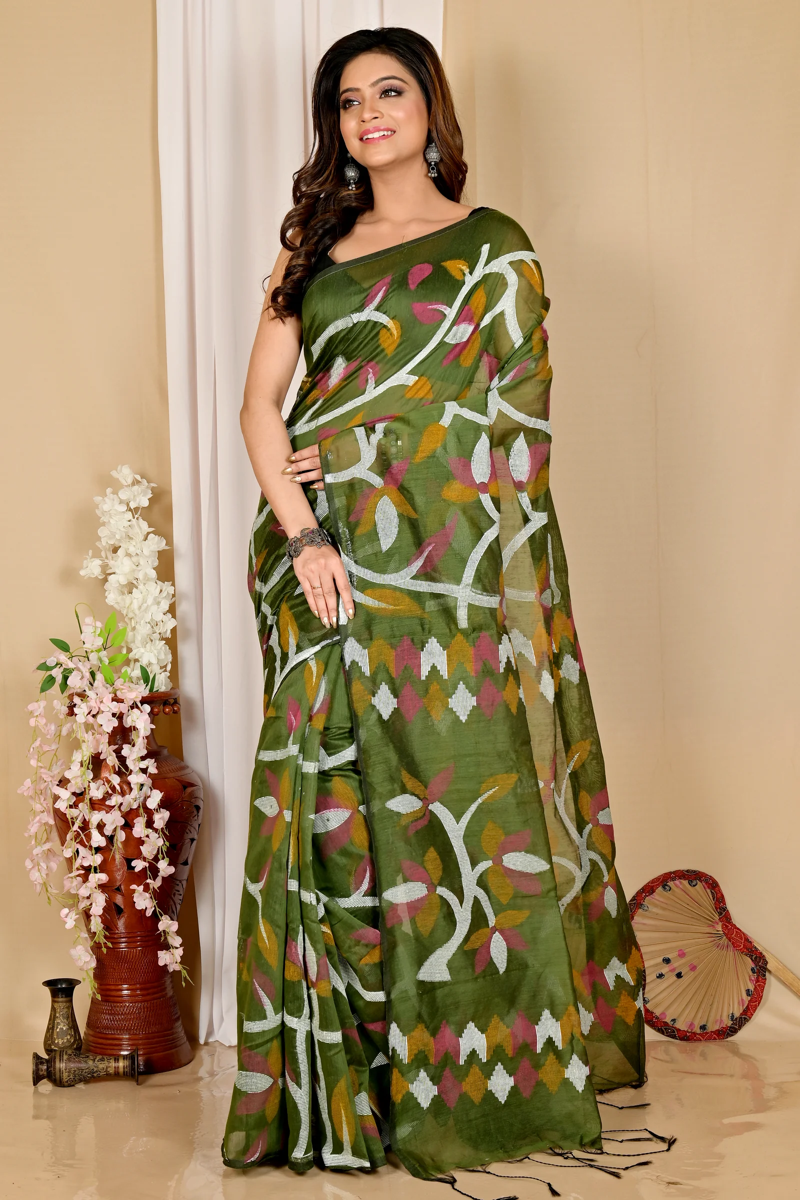 Dark Green Cotton Naren Hand Loom Saree (1669)