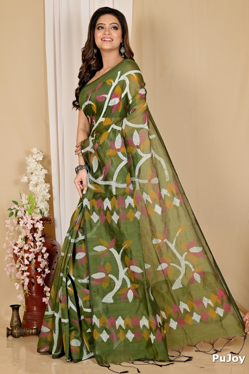 Dark Green Cotton Naren Hand Loom Saree (1669)