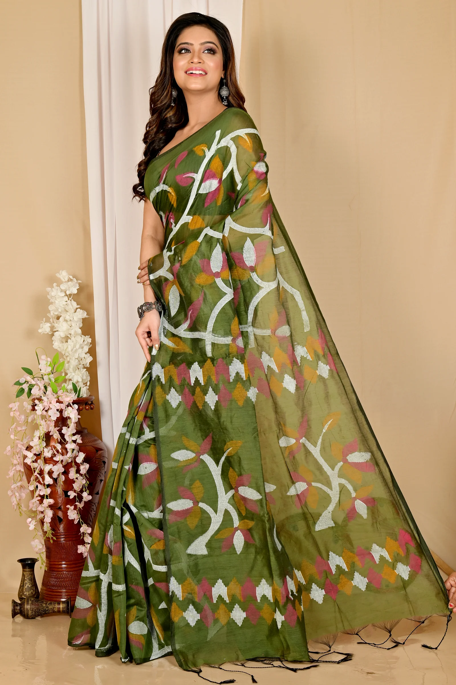 Dark Green Cotton Naren Hand Loom Saree (1669)