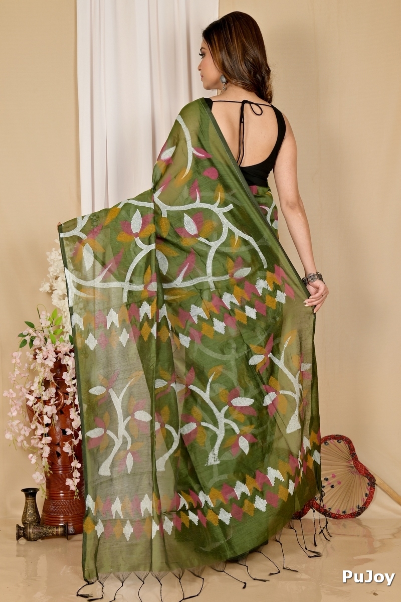 Dark Green Cotton Naren Hand Loom Saree (1669)