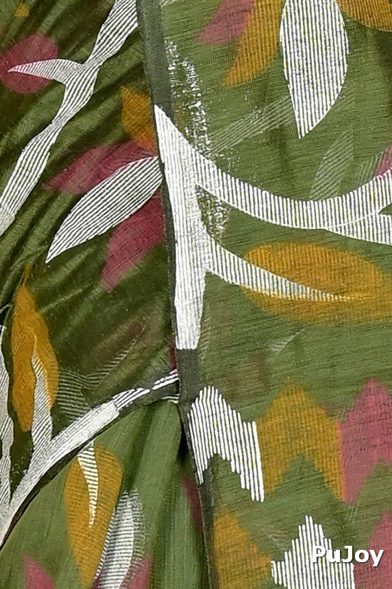 Dark Green Cotton Naren Hand Loom Saree (1669)