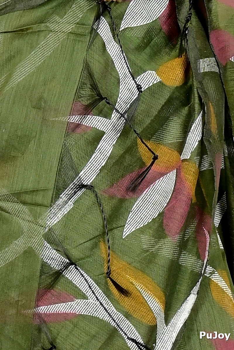 Dark Green Cotton Naren Hand Loom Saree (1669)