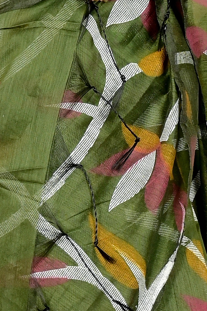 Dark Green Cotton Naren Hand Loom Saree (1669)