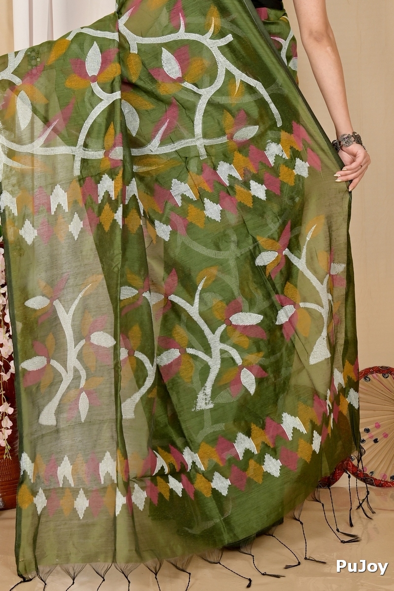Dark Green Cotton Naren Hand Loom Saree (1669)