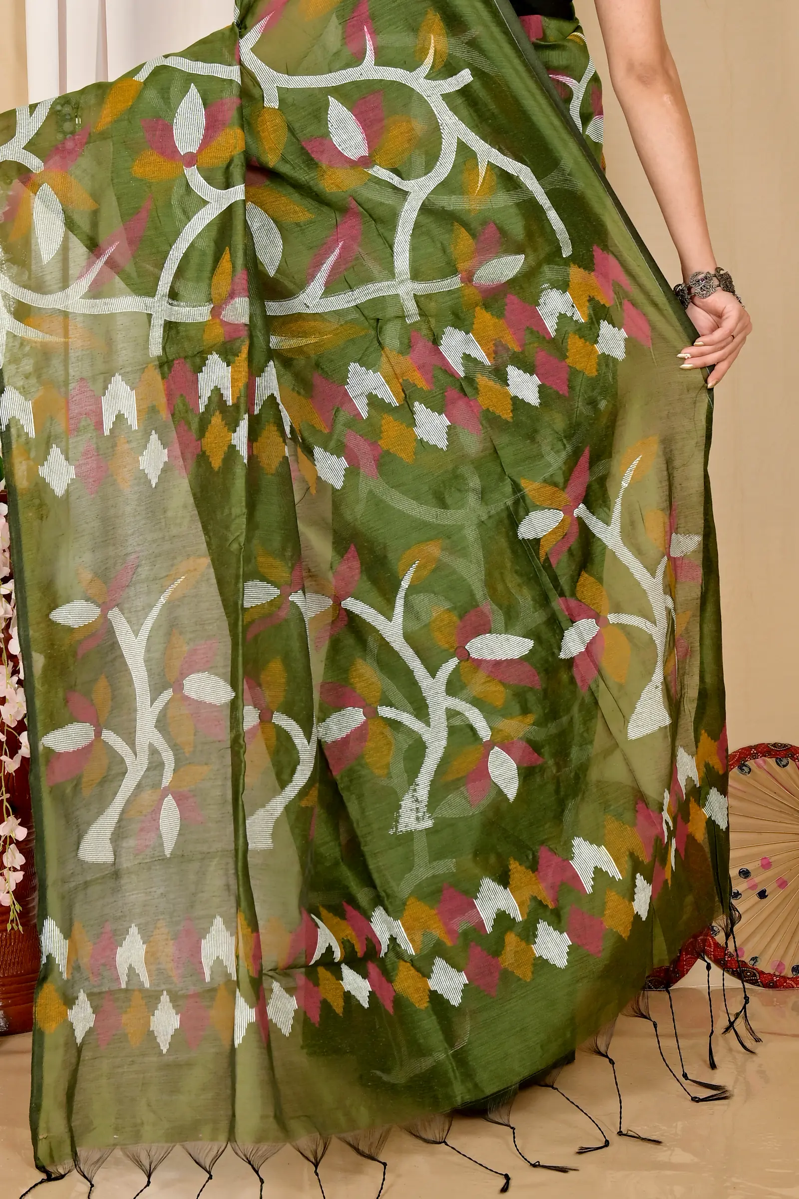 Dark Green Cotton Naren Hand Loom Saree (1669)