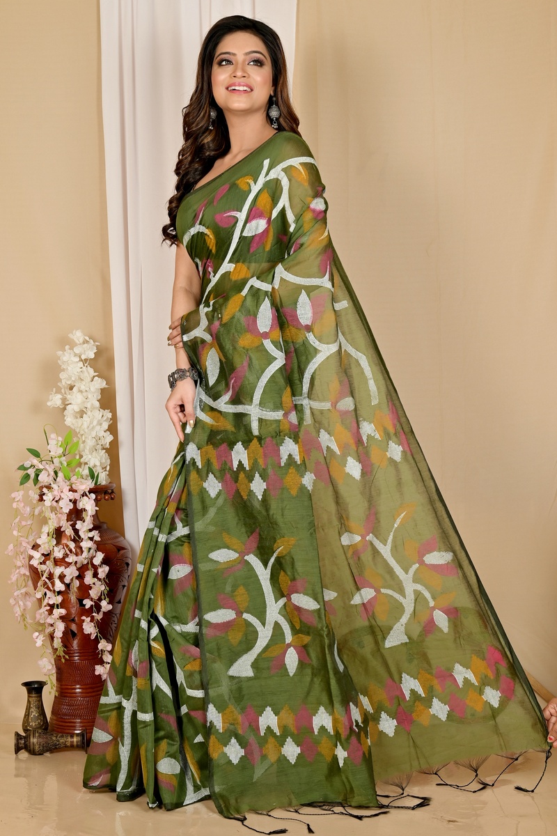 Dark Green Cotton Naren Hand Loom Saree (1669)