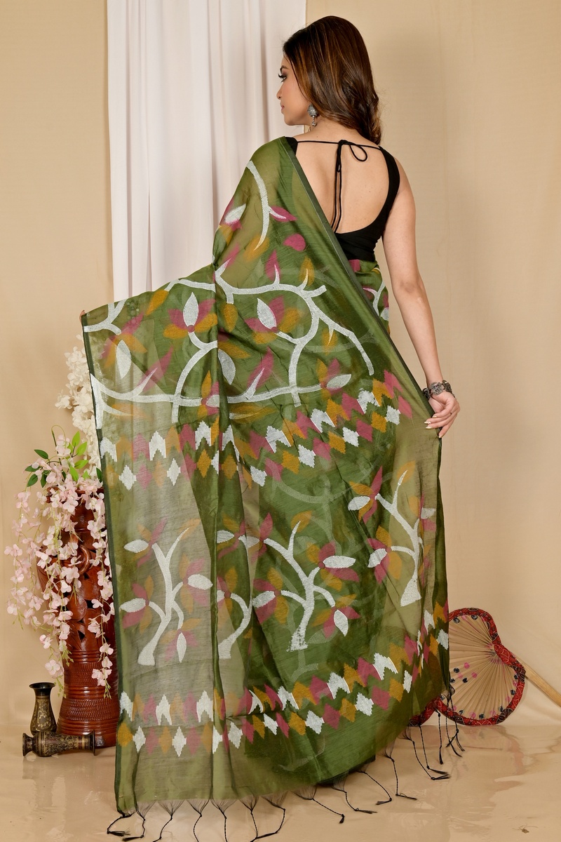 Dark Green Cotton Naren Hand Loom Saree (1669)