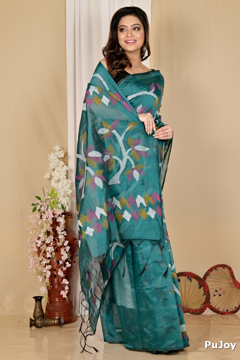 See Green Cotton Naren Hand Loom Saree (1670)