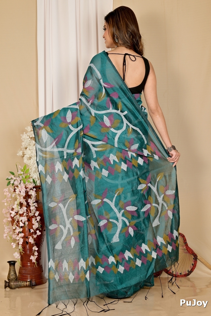 See Green Cotton Naren Hand Loom Saree (1670)