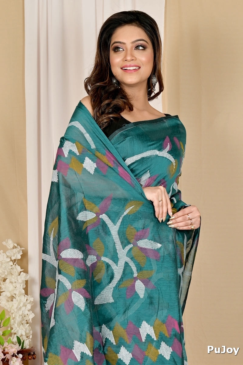 See Green Cotton Naren Hand Loom Saree (1670)