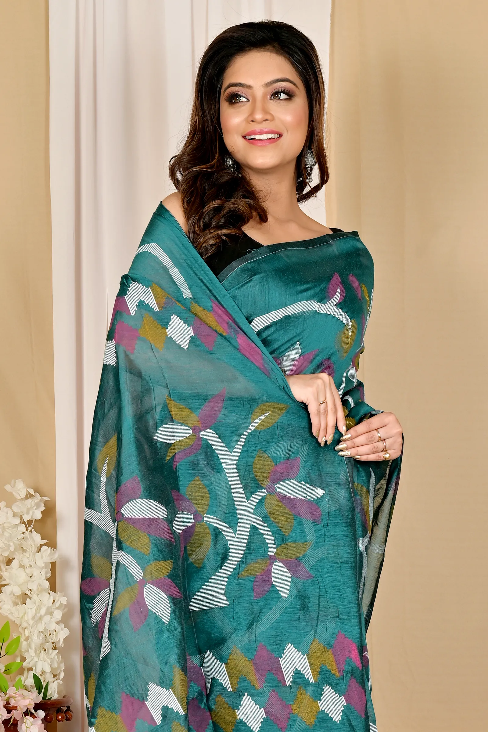 See Green Cotton Naren Hand Loom Saree (1670)