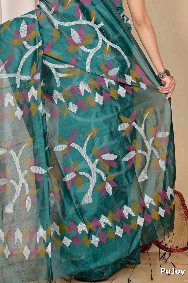 See Green Cotton Naren Hand Loom Saree (1670)