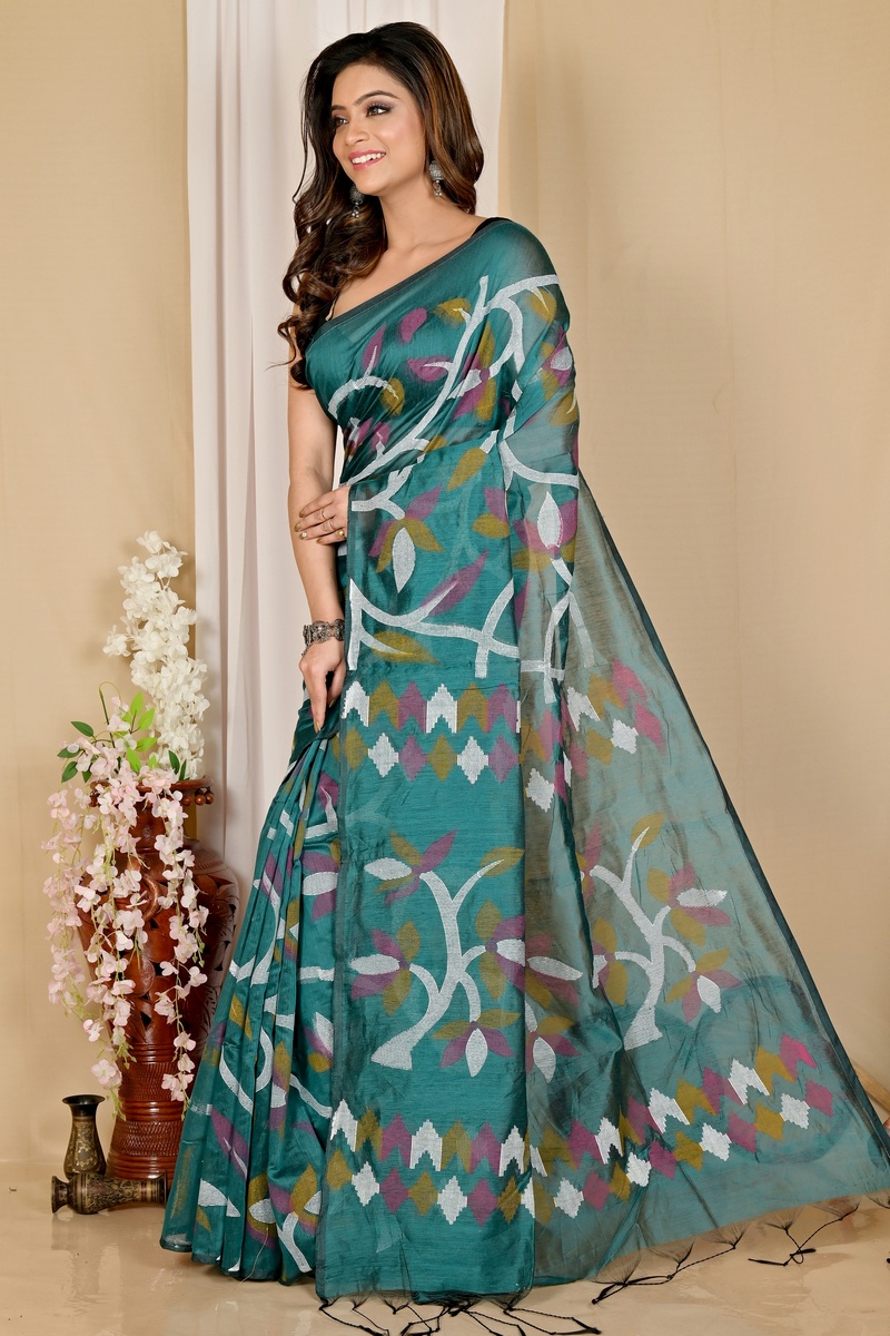 See Green Cotton Naren Hand Loom Saree (1670)