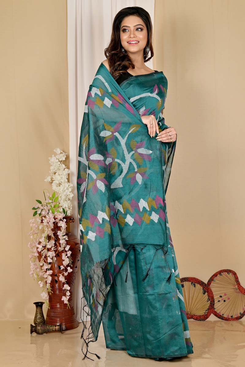 See Green Cotton Naren Hand Loom Saree (1670)