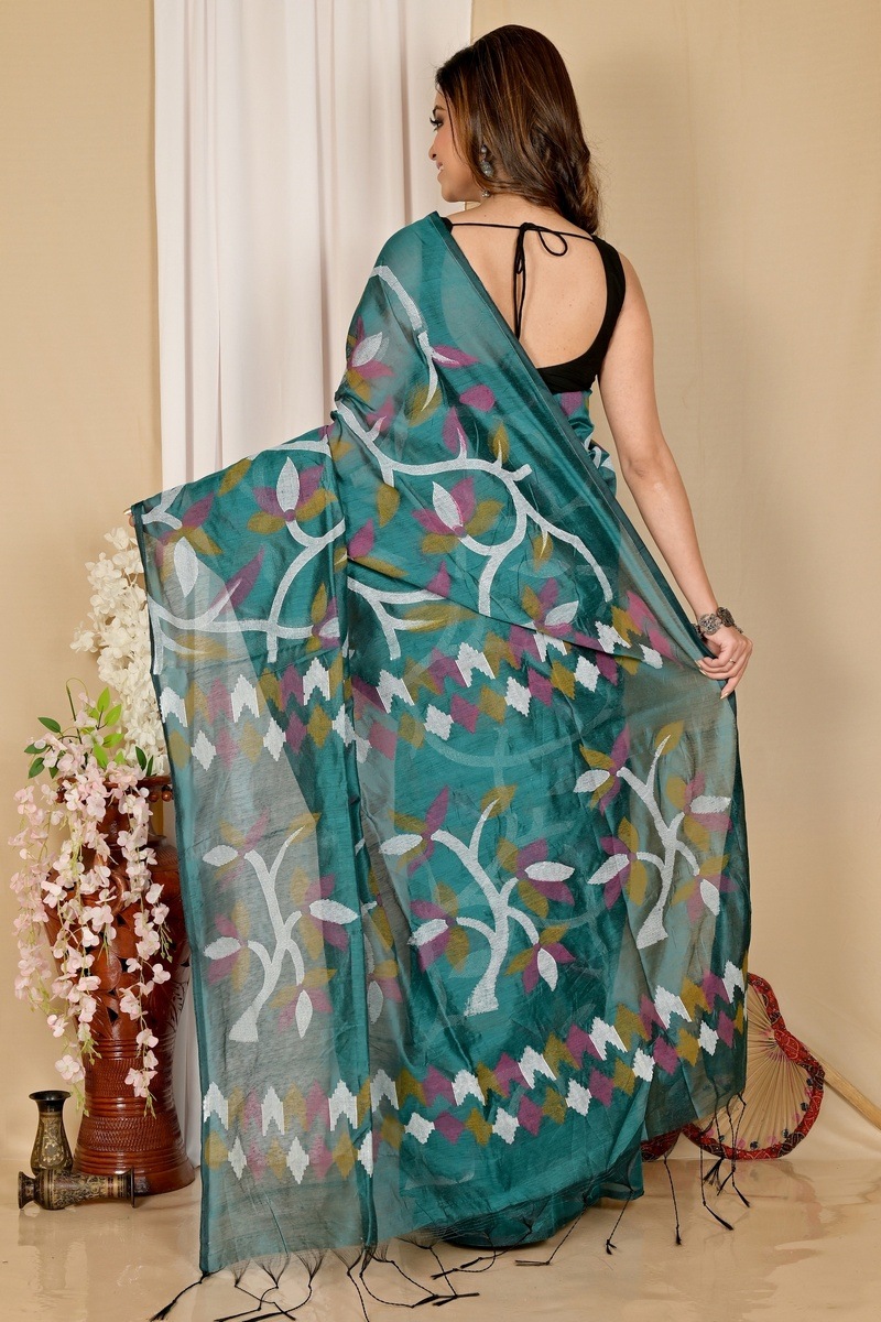 See Green Cotton Naren Hand Loom Saree (1670)