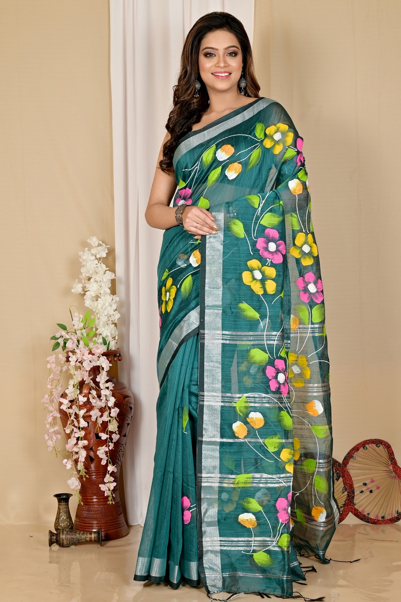 Dark Green Blended Cotton Slabaka Ful Hand Painted Saree (1672)