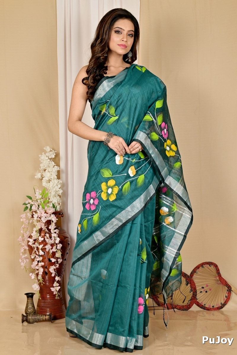 Dark Green Blended Cotton Slabaka Ful Hand Painted Saree (1672)