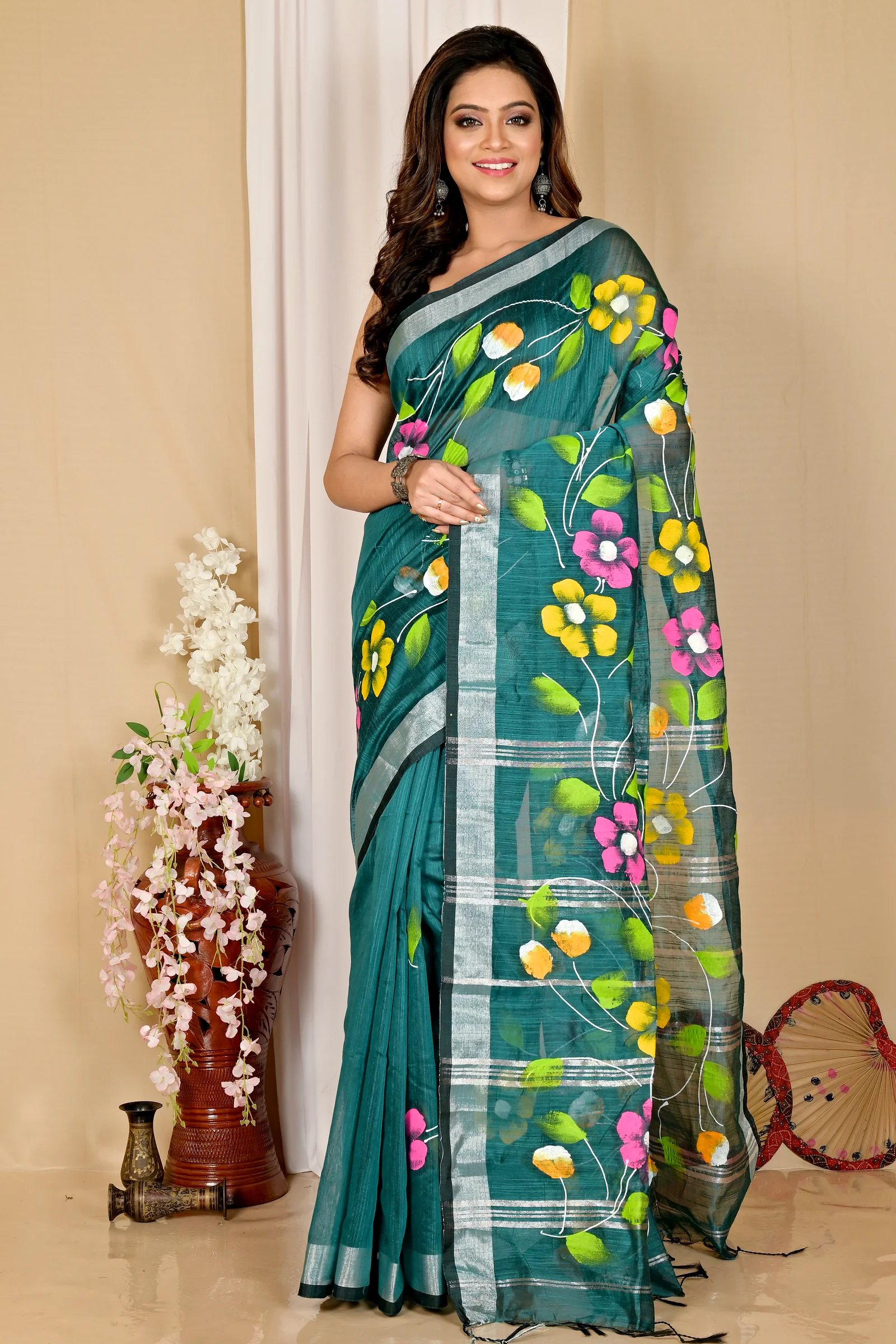 Dark Green Blended Cotton Slabaka Ful Hand Painted Saree (1672)