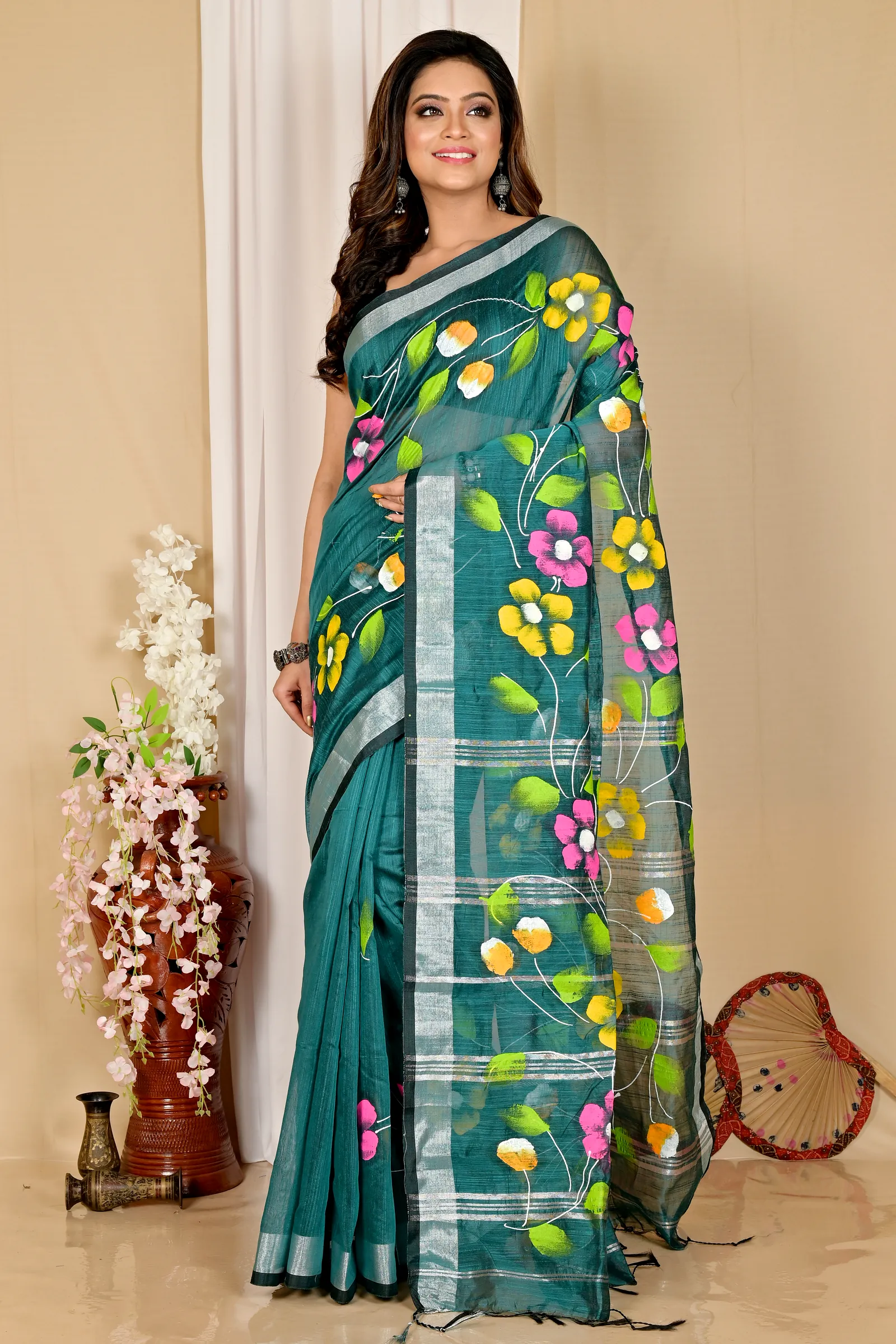 Dark Green Blended Cotton Slabaka Ful Hand Painted Saree (1672)